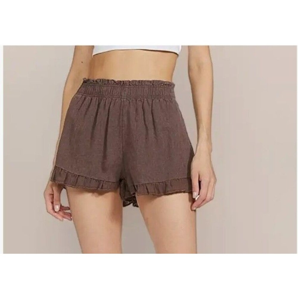 Aerie Linen Ruffled Paperbag Waist Shorts Dark Brown Size M